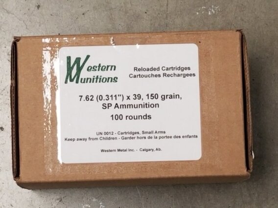 7.62X39, 150 GRAIN JSP, 100 ROUNDS, WESTERN MUNITIONS, REMANUFACTURED AMMUNITION ARW-7.62-150SP-100