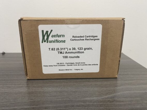 7.62X39, 123 GRAIN TMJ, 100 ROUNDS, WESTERN MUNITIONS, REMANUFACTURED AMMUNITION ARW-7.62-123-100