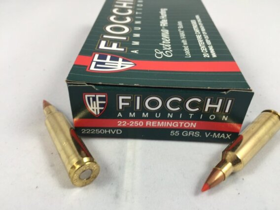 FIOCCHI AMMUNITION 22-250 REM 55 GRAIN, VMAX, BOX OF 20, FIO-22250HVD