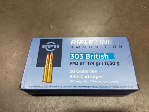 PRVI (PPU) AMMUNITION 303 BRITISH, 174 GRAIN FMJBT BOX OF 20, PPA-303B-174-20