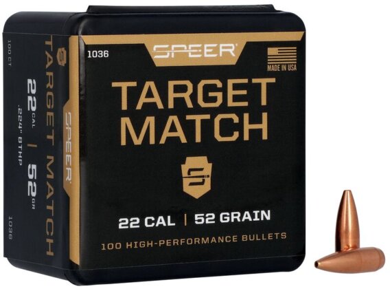Speer 1036 Target Match Rifle Bullets, 224-52-GR BTHP, 100 Ct, 1508-0404